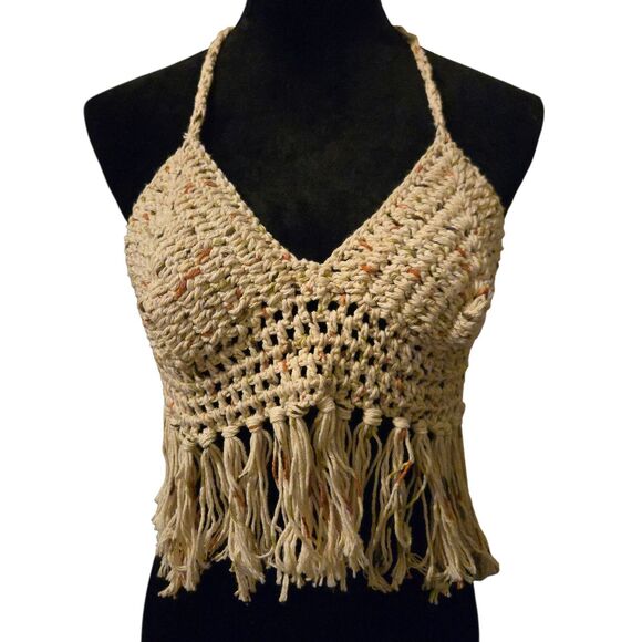 Festival Tops - VTG Halter Top Handmaide Beige Festival Crochet Tank Hippie Fringe 70's